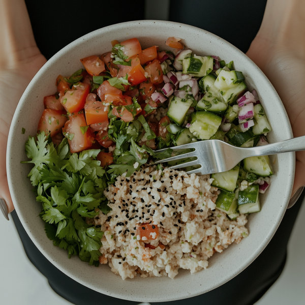 Close up on a bowl of mixed grains and vegetables