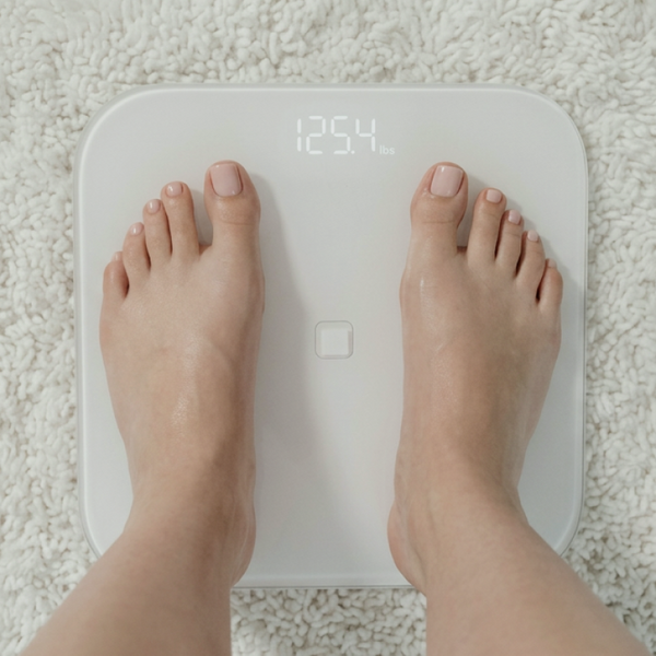 A pair of feet on a digital weighing scale