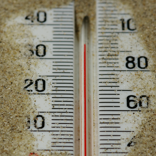 A thermometer, showing a high temperature buried in the sand